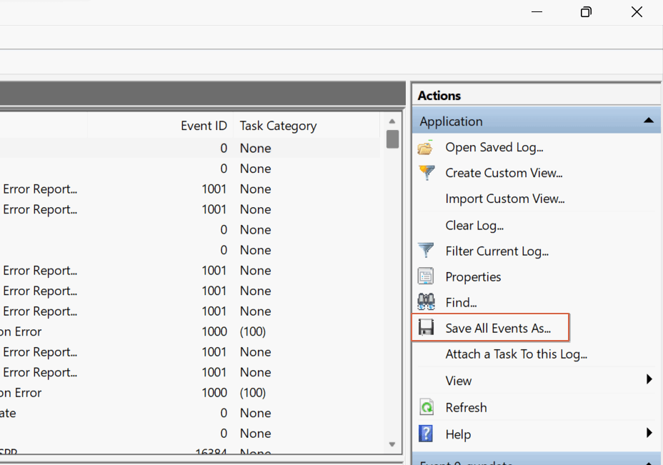 Экспорт логов в Просмотре событий