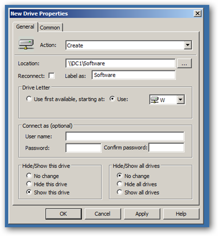 Définition de l'étiquette et de la lettre de lecteur, activation de Show this drive