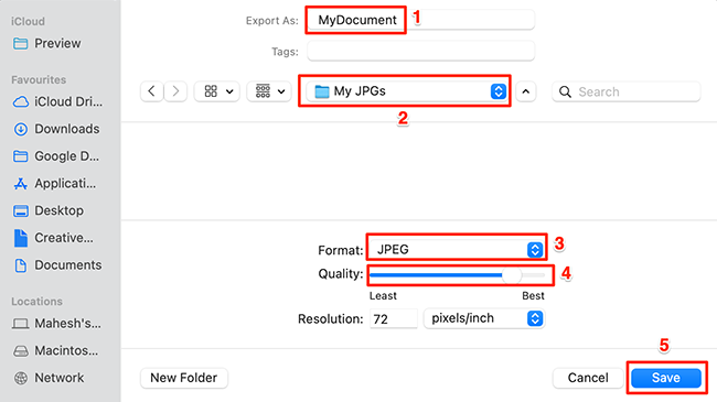 Окно экспорта Preview: имя, формат JPEG, качество