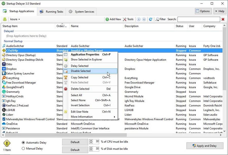 Startup Delayer disable selected.