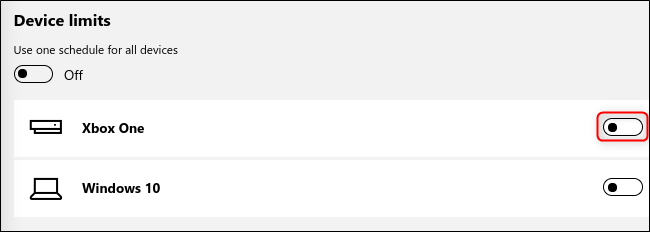 Переключатель Xbox One в настройках экранного времени