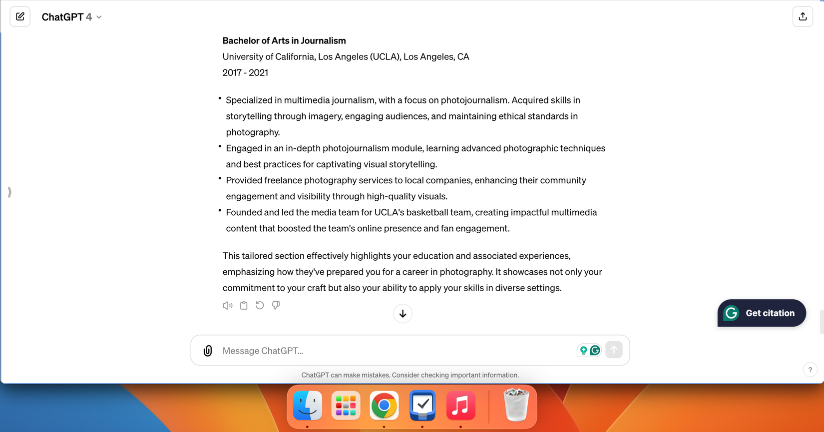 Раздел образования в резюме, сформированный ChatGPT