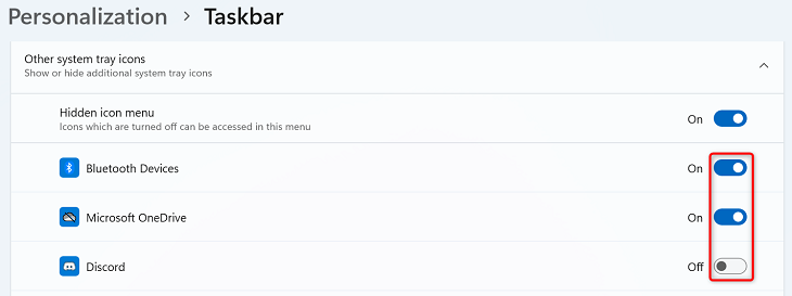 Включение или отключение значков системного трея.