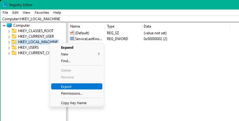 Окно редактора реестра Windows 11: экспорт выбранной ветви реестра