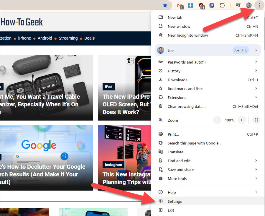 Меню настроек Chrome с тремя точками