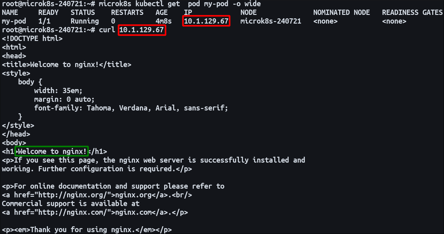 Скриншот базового развёртывания NGINX в MicroK8s