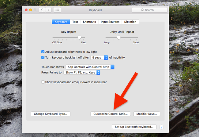 Окно настройки клавиатуры для Touch Bar
