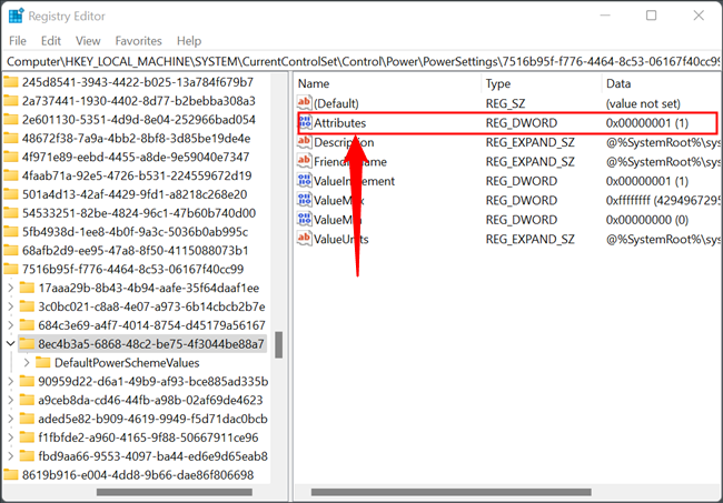 Дважды щёлкните DWORD с именем Attributes, чтобы изменить его значение.