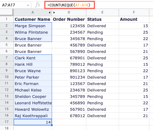 Пример COUNTUNIQUE: подсчёт уникальных значений в диапазоне