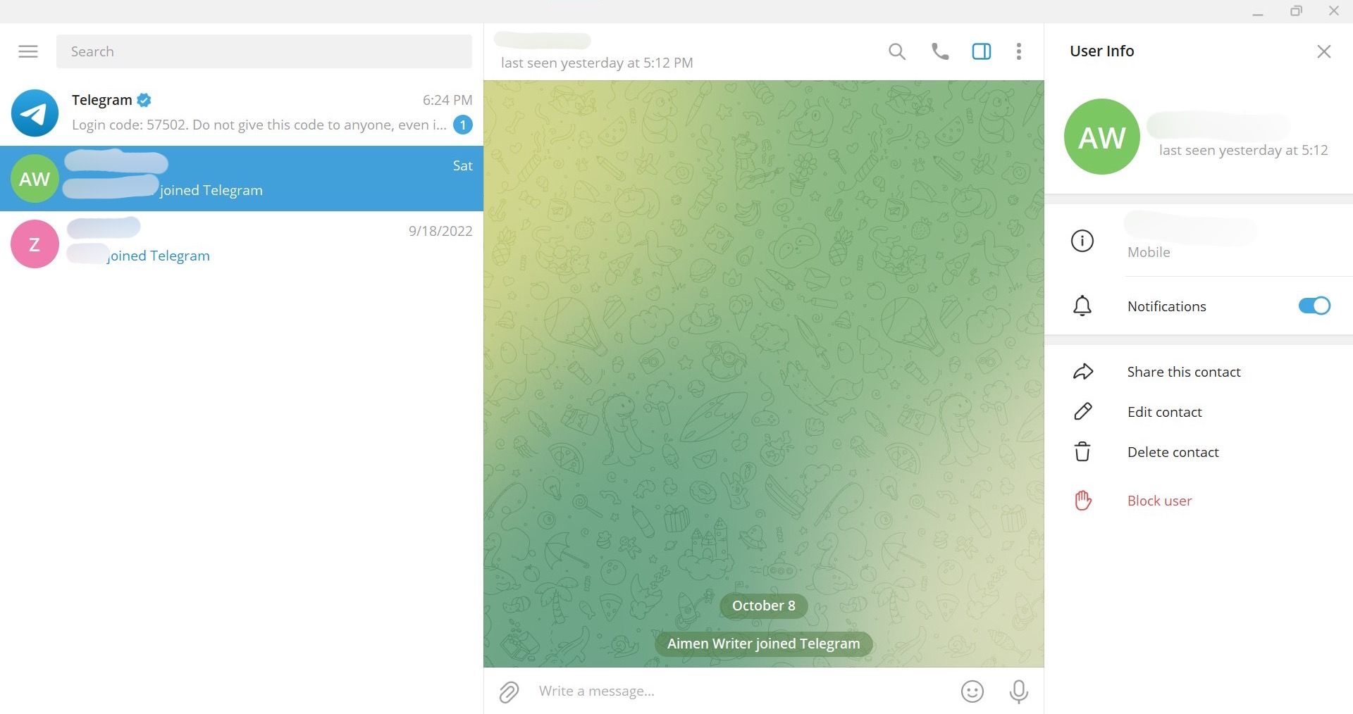 Block user on Telegram desktop