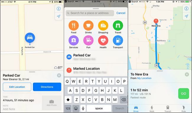 Экран Карты Apple с результатами поиска и парковкой