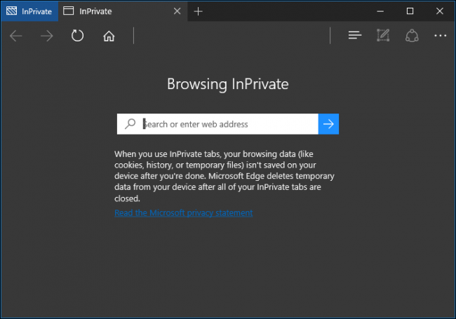 Окно Microsoft Edge в режиме InPrivate с затемнённым фоном