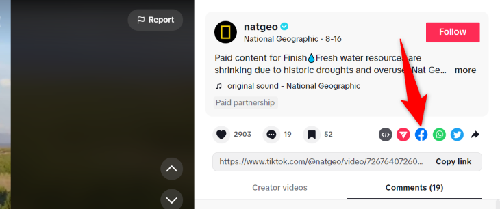 Значок Facebook справа от плеера на сайте TikTok.
