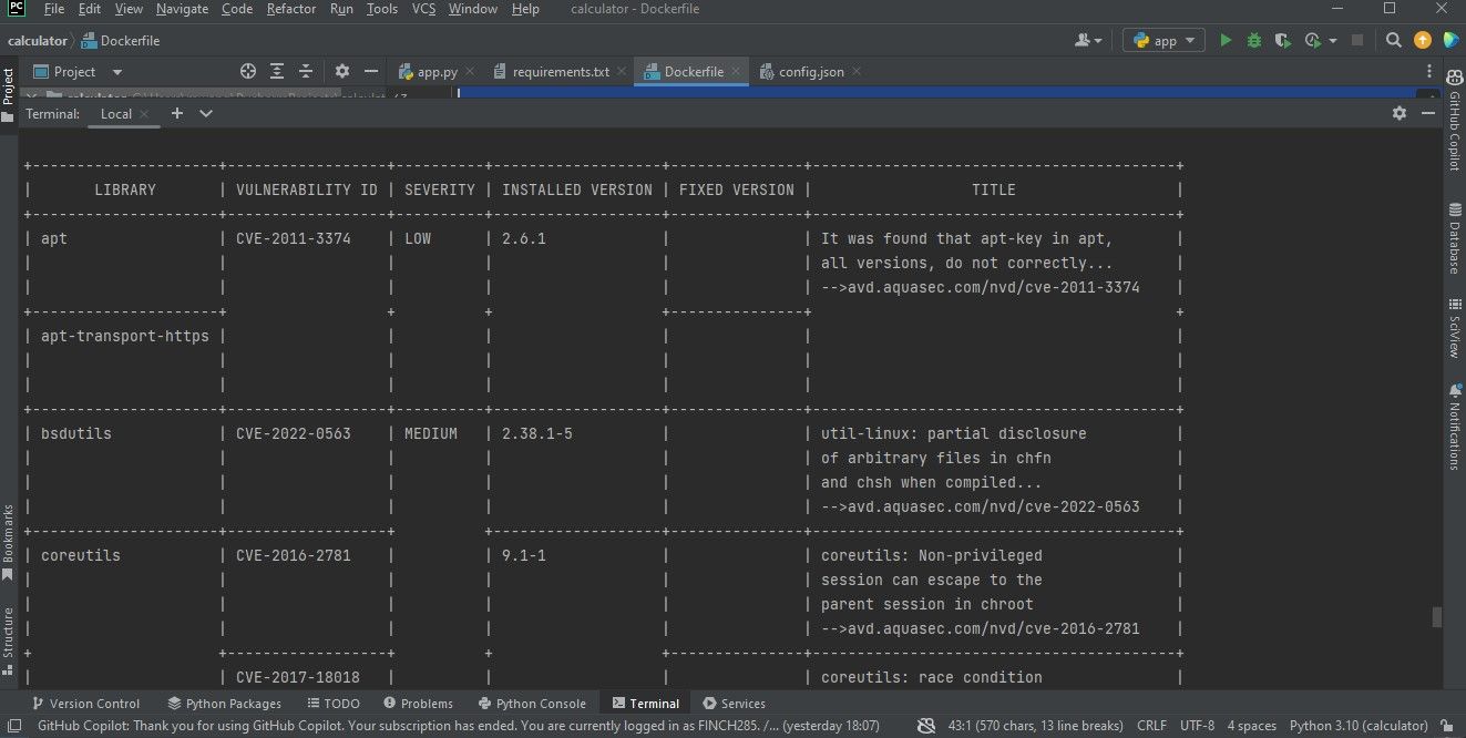 Отчёт Trivy о уязвимостях в терминале