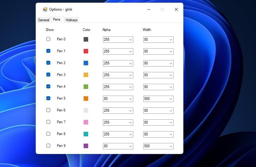 Вкладка Pens в gInk