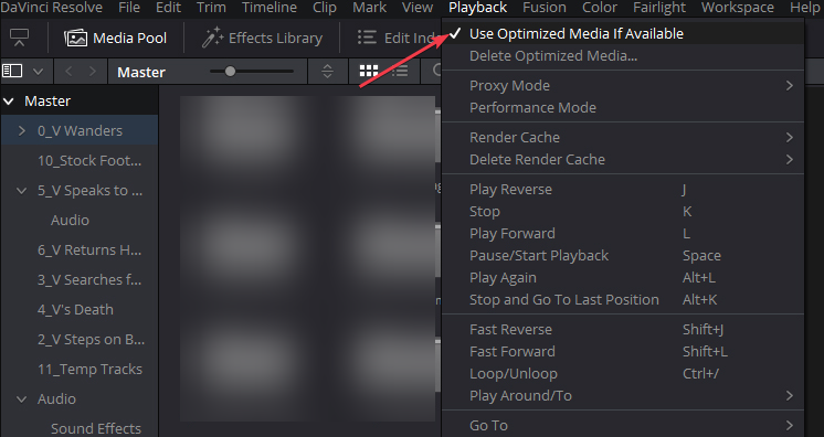 Меню Playback с опцией Use Optimized Media if available
