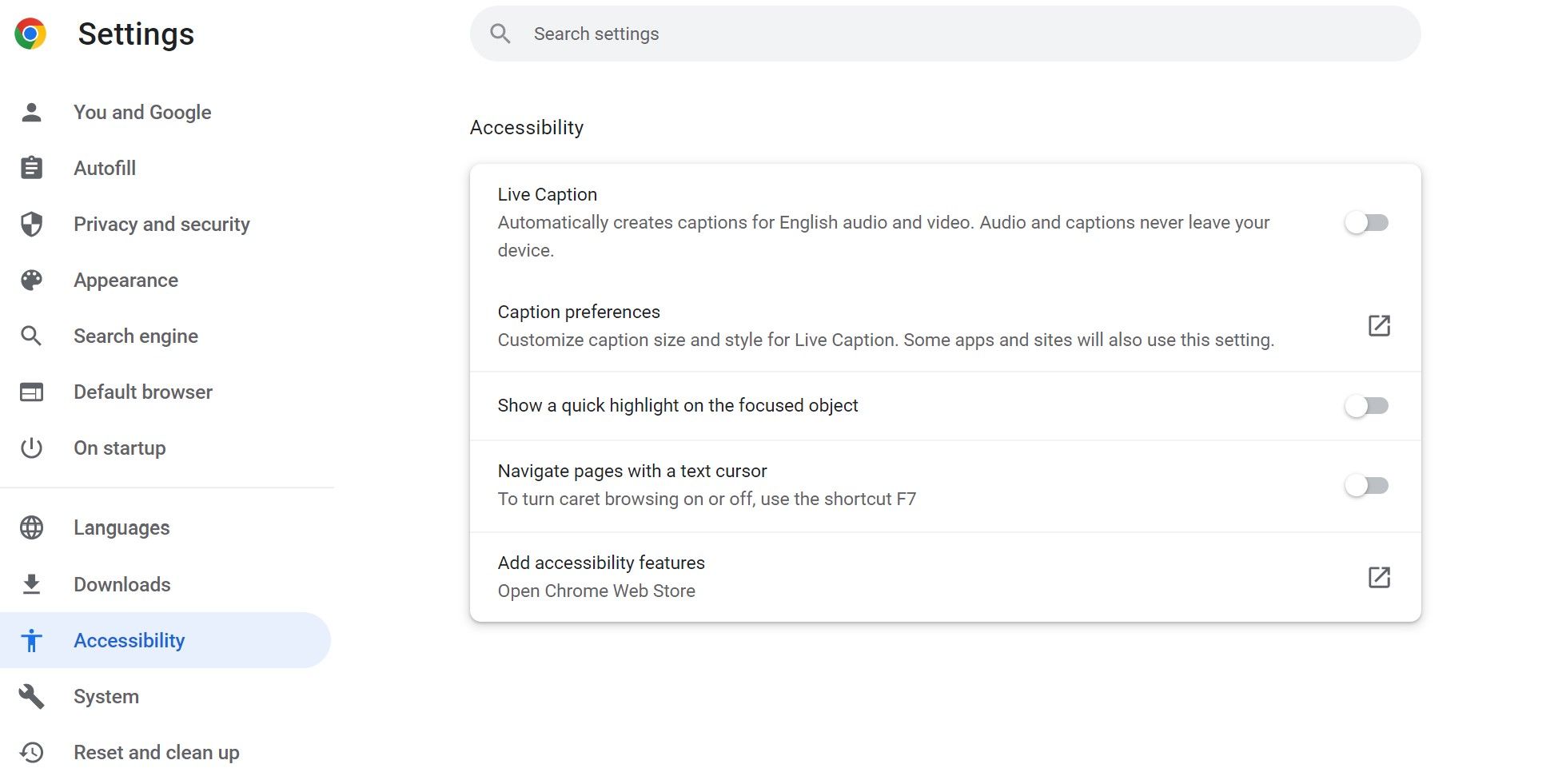 Отключение Live Caption в настройках Google Chrome — скриншот окна Настроек с выделенным пунктом Специальные возможности