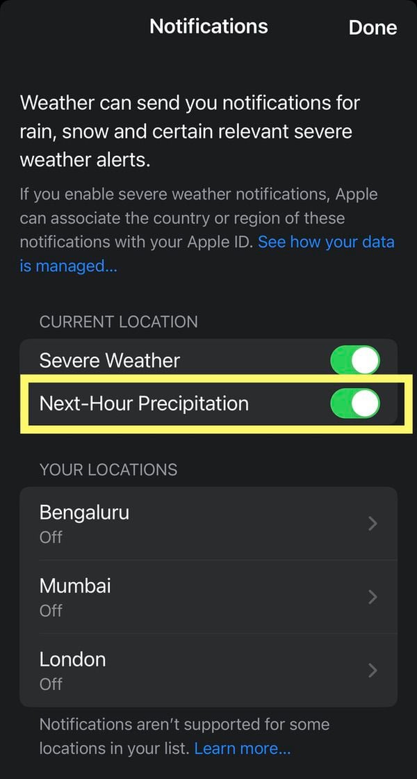 Параметр уведомлений о следующем часе осадков