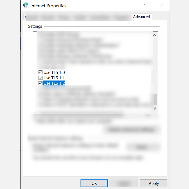 Параметры TLS в свойствах Интернета