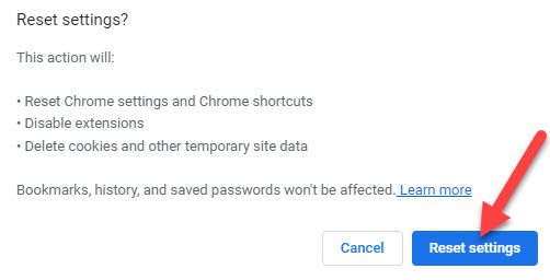 Окно восстановления настроек Chrome к исходным.