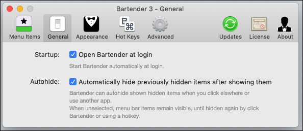 Вкладка General с опцией автозапуска Bartender