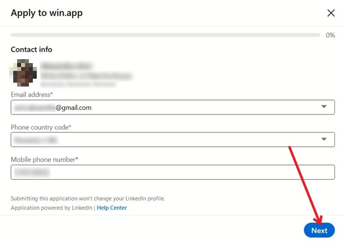 Кнопка Далее при процессе подачи заявки в LinkedIn на ПК