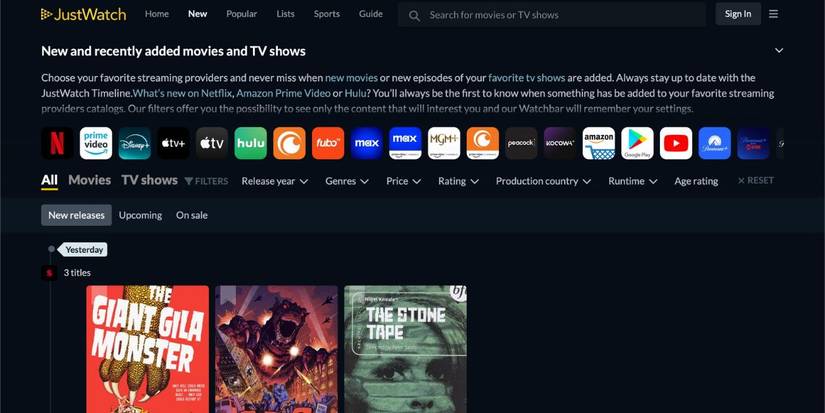 Интерфейс приложения JustWatch — поиск фильмов и сериалов.