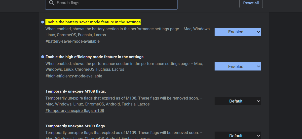 Окно с экспериментальными флагами Chrome.