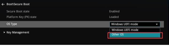 Экран настройки Secure Boot в UEFI