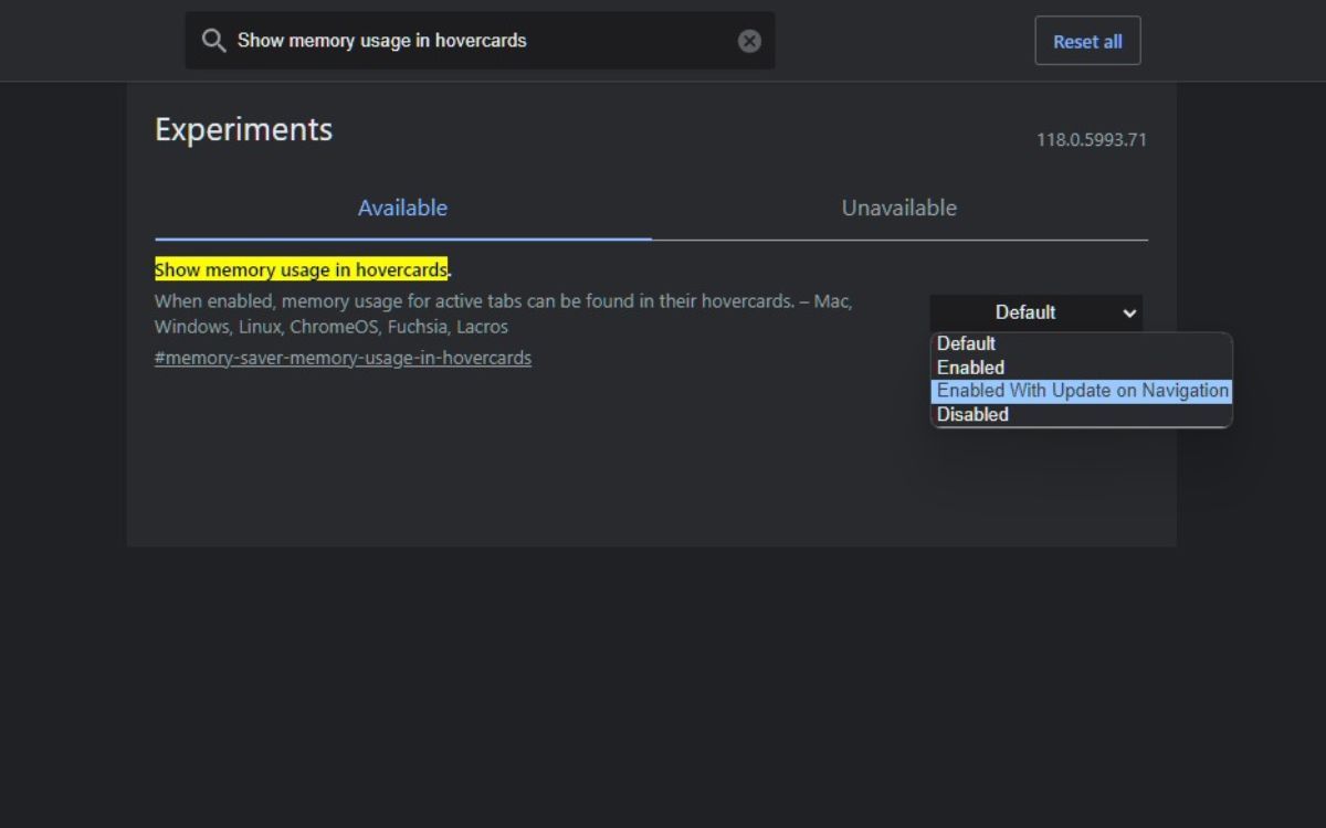 Скриншот флага «Show memory usage in hovercards» в Chrome Flags