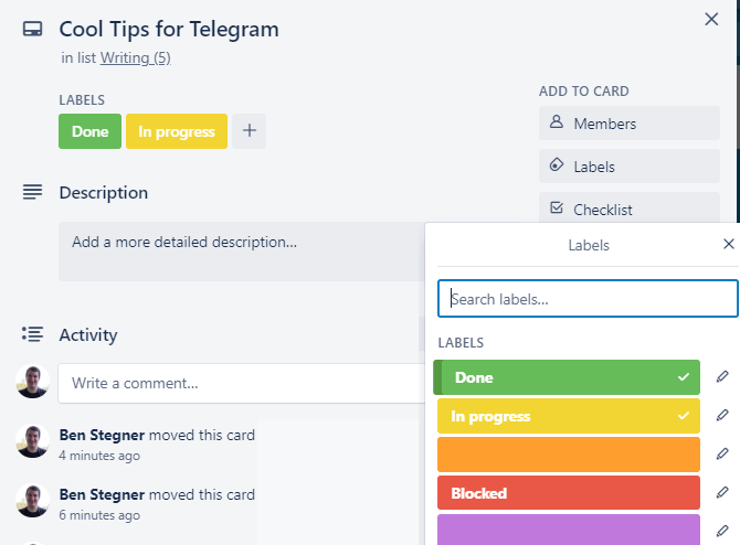 Метки карточек в Trello для Kanban