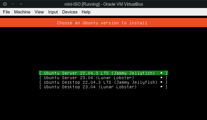 Меню выбора версии Ubuntu в Mini ISO