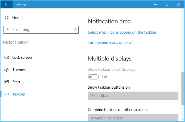 Экран выбора значков, отображаемых на панели задач в Windows 10