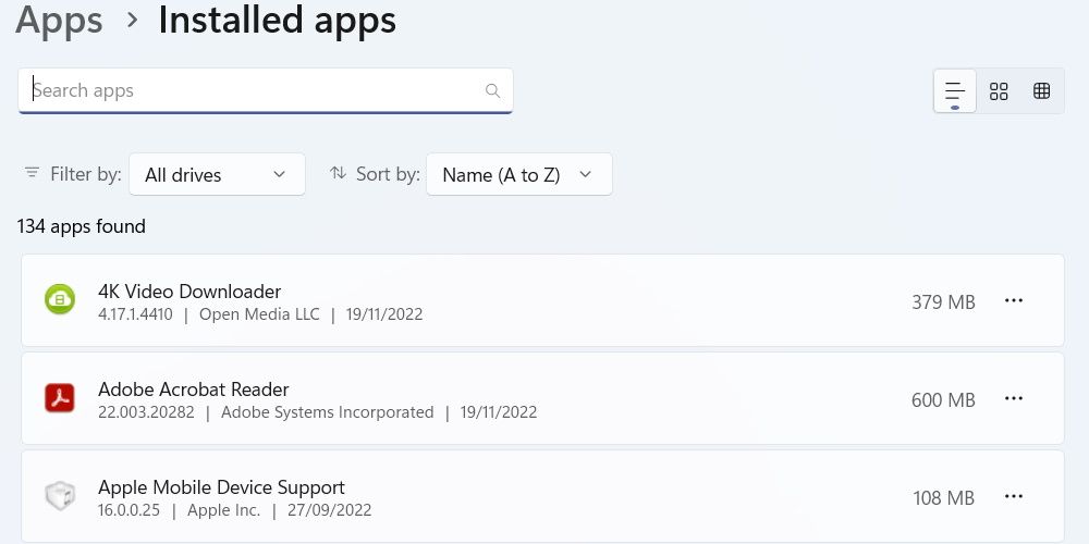Экран установленных приложений в Параметрах Windows 11