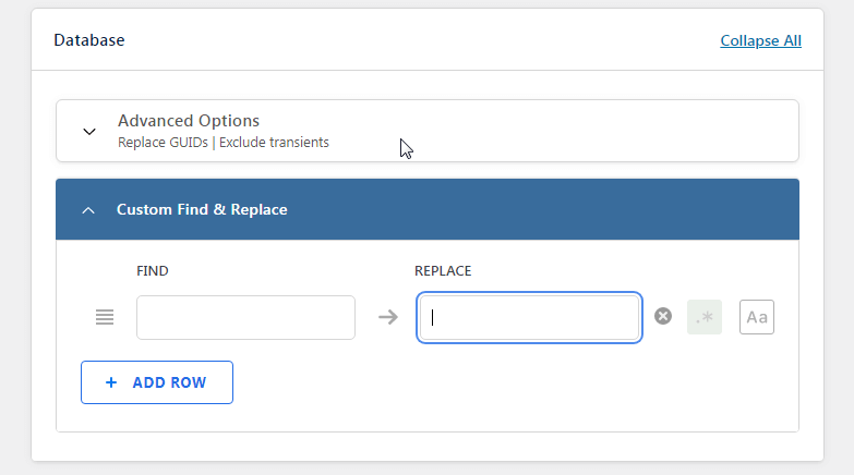 Поля поиска и замены в Migrate DB