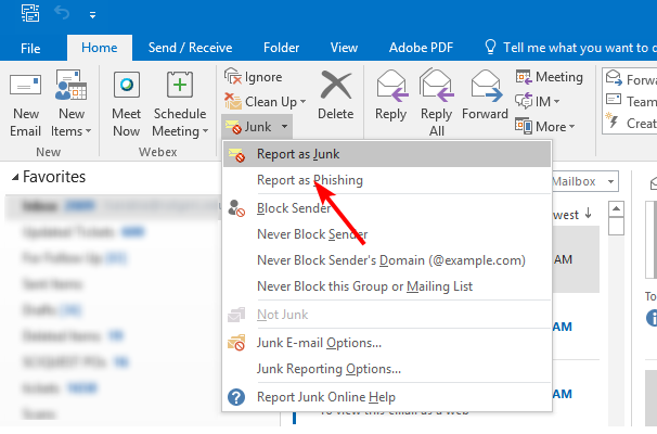 Меню Junk с опцией 'Report as Phishing' в Outlook для ПК