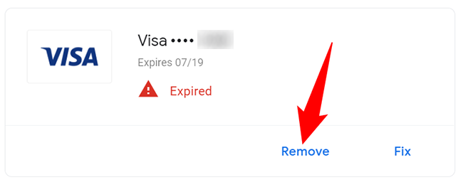 Нажмите «Удалить» под нужным способом оплаты в Google Payments Center.