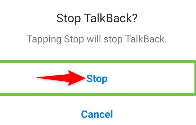 Подтверждение остановки TalkBack — кнопка «Стоп».