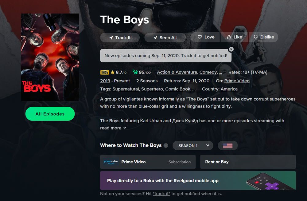 Страница Reelgood для отслеживания фильмов и сериалов