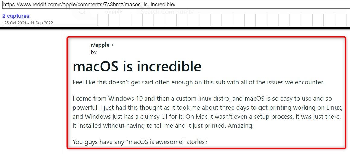 Сохранённый пост Reddit на сайте Wayback Machine.