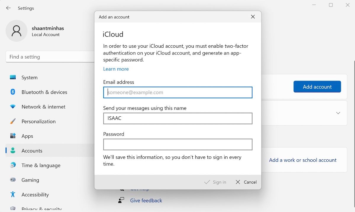 Добавление iCloud‑аккаунта в Параметрах Windows