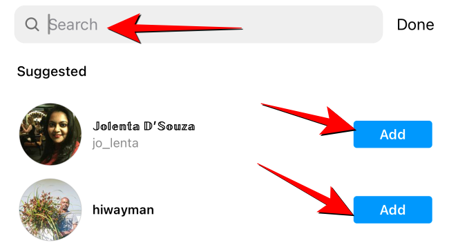 Поиск среди подписок или добавление из рекомендованных профилей.