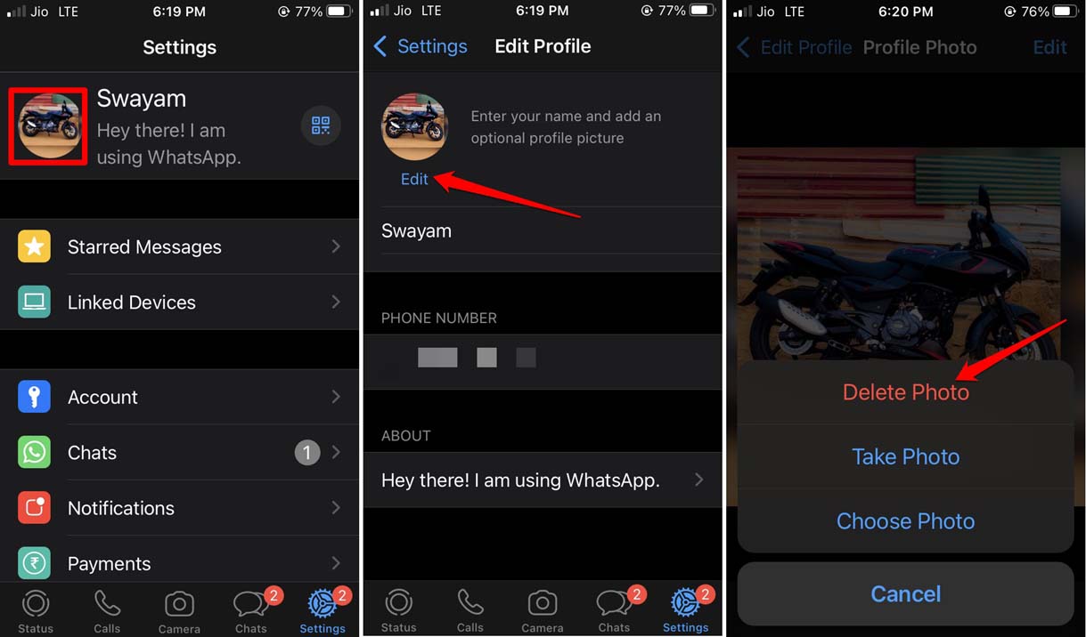 Удаление фото профиля WhatsApp