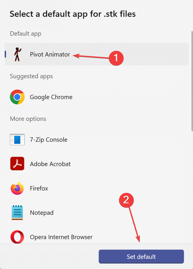 Выбор Pivot Animator как приложения по умолчанию