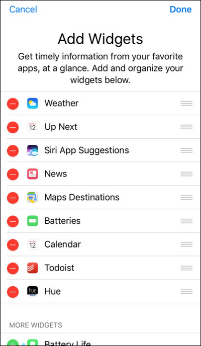 Список активных и доступных виджетов, кнопки удаления и перетаскивания