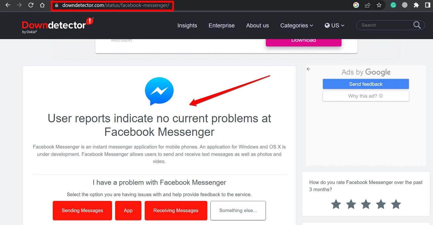 Состояние Facebook Messenger на Downdetector