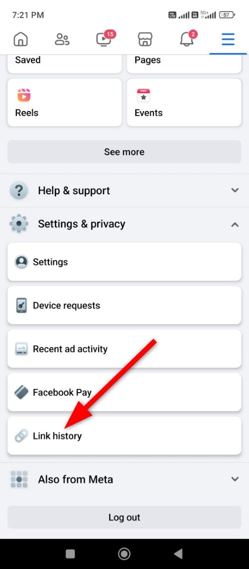 Пункт История ссылок в настройках Facebook