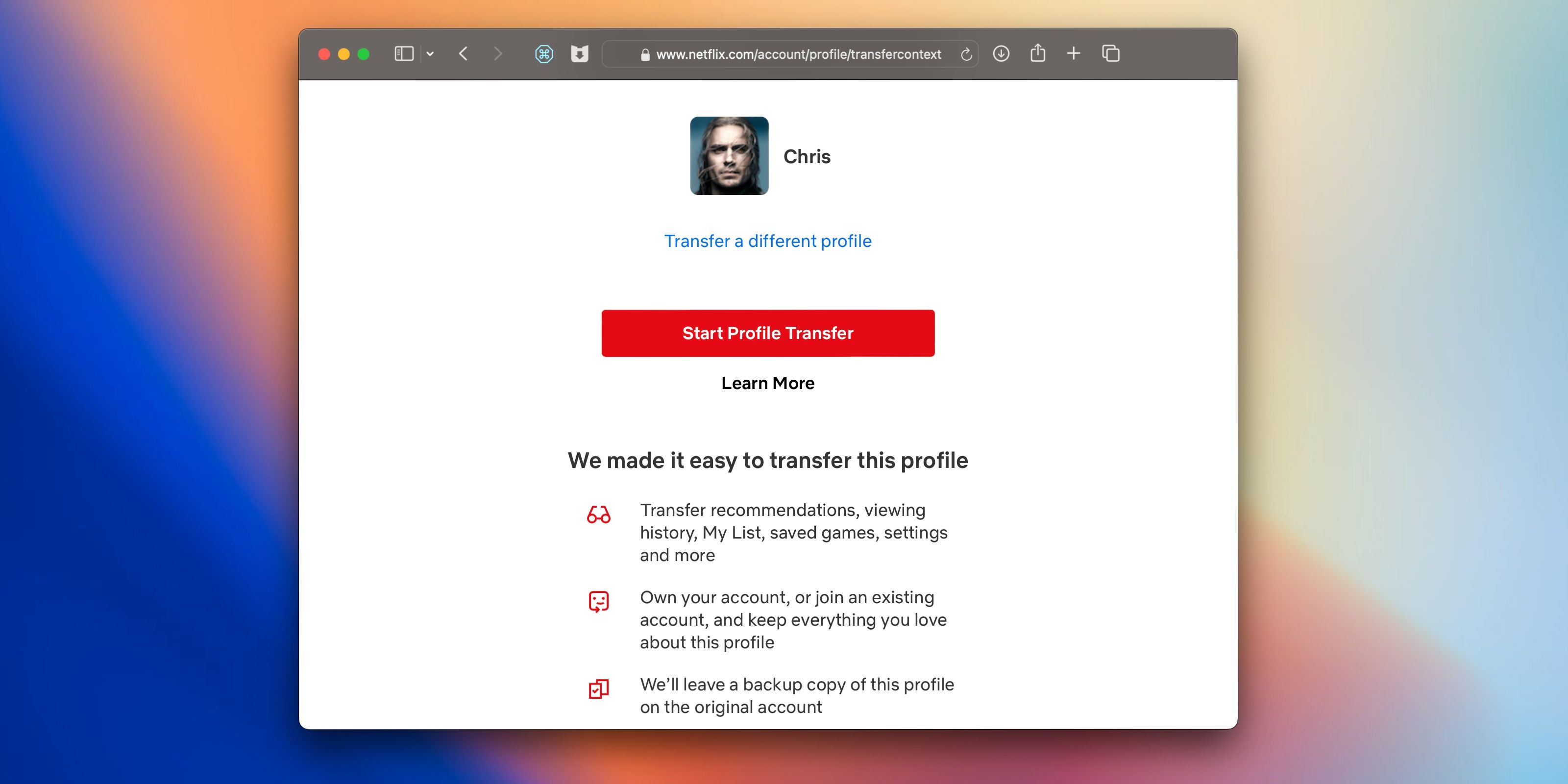 Экран «Начать передачу профиля» на Netflix
