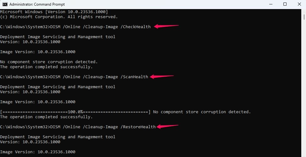 Running the DISM Scan command in the Command Prompt window