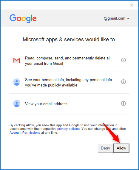 Страница подтверждения доступа Google для Outlook